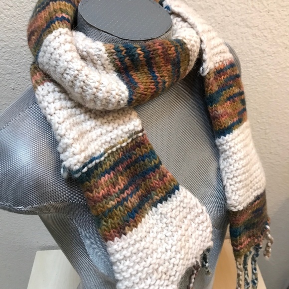 Wool Scarf. Cream & Autumn Rainbow.Made in USA & Uruguay Hand Spun Yarn. NWT - Picture 3 of 5
